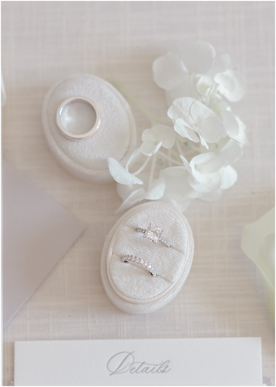 bridal details with rings, invitation and flowers
